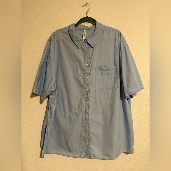 Anthropologie Short-Sleeve Cotton Top Wedgewood Blue Button-Front - Picture 2 of 7